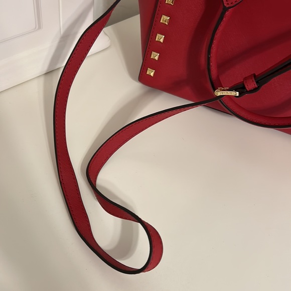 Michael Kors Red Studded Leather Selma Crossbody Satchel Purse - Picture 9 of 16